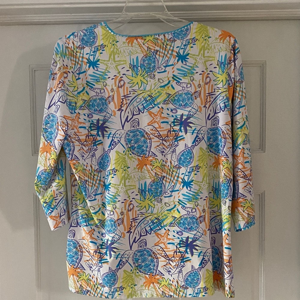 Tropical Shell Print V-Neck Tunic — Blue, Green, Orange. Lulu-B. Sz. L - Picture 4 of 4
